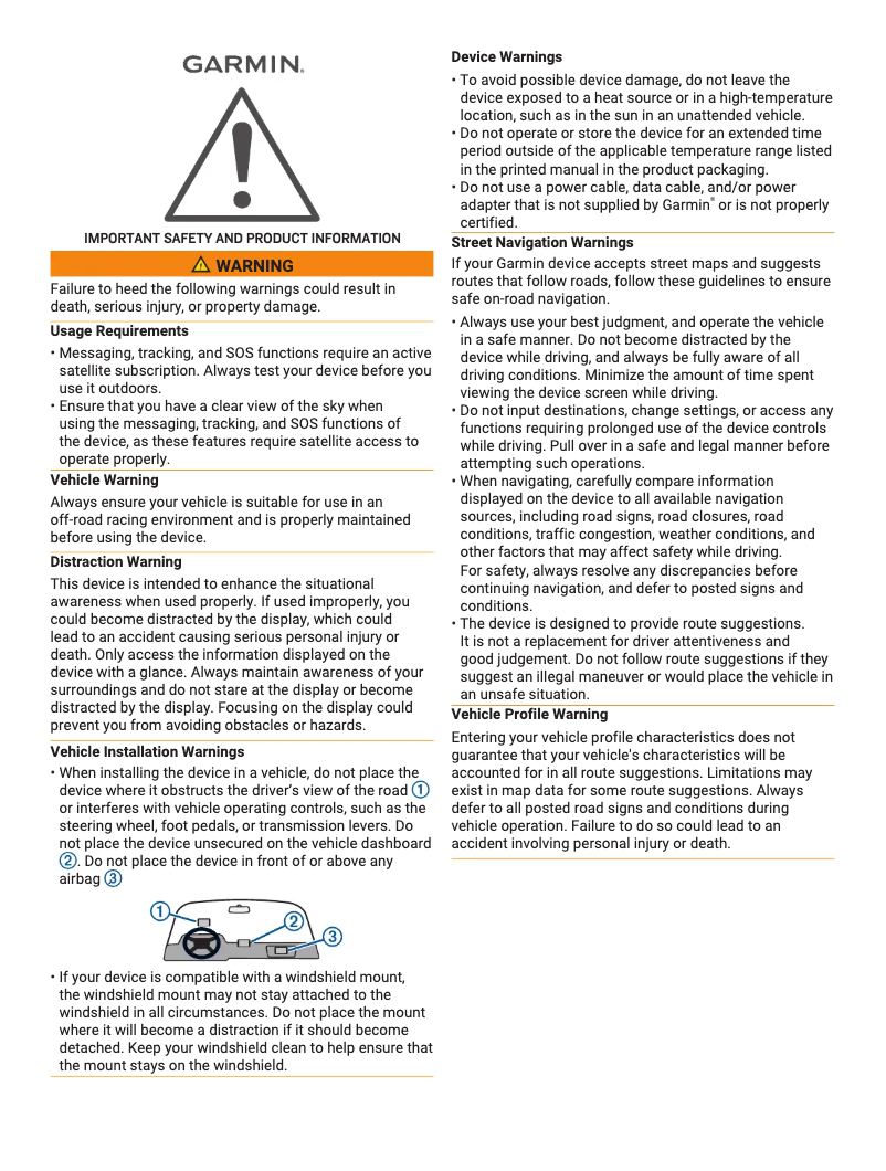 Page 1 de la notice Instructions de sécurité Garmin Tread XL Baja Chase Edition
