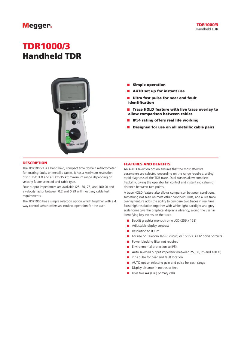 Página 1 del manual Ficha técnica Megger TDR1000/3