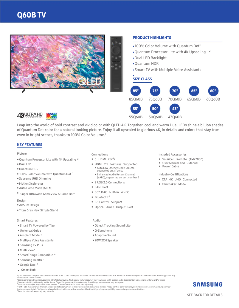 Página 1 del manual Ficha técnica Samsung QN60Q60BAFXZA