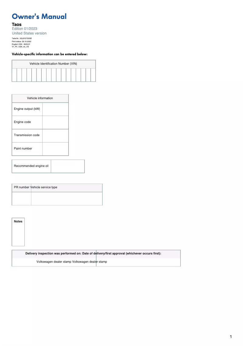 Página 1 del manual Manual de usuario Volkswagen Taos (2023)