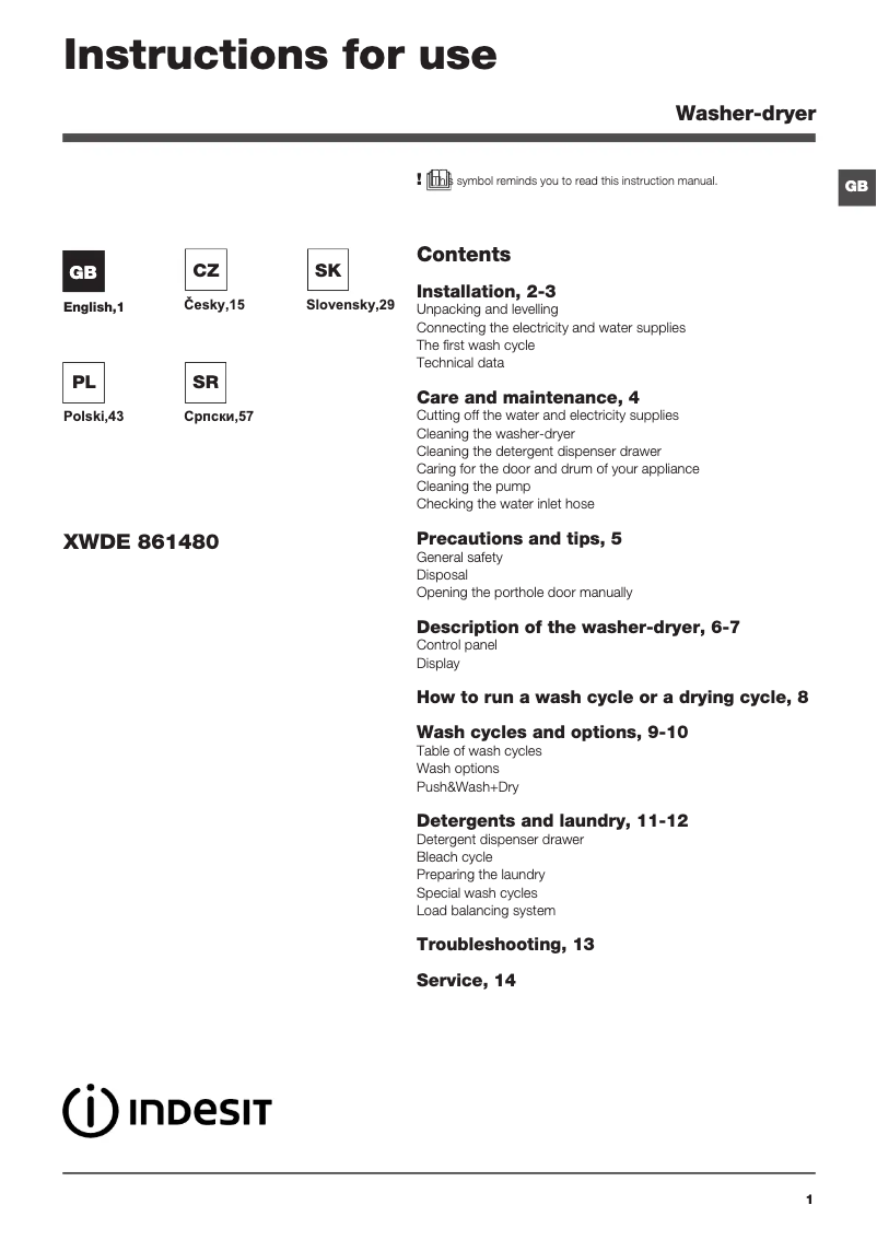 Page 1 de la notice Mode d'emploi Indesit XWDE 861480X WWGG EU