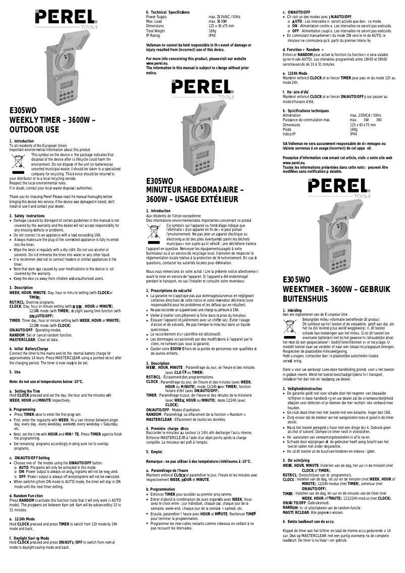 Page 1 de la notice Manuel utilisateur Perel E305WO