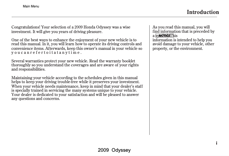 Page 1 de la notice Manuel utilisateur Honda Odyssey (2009)