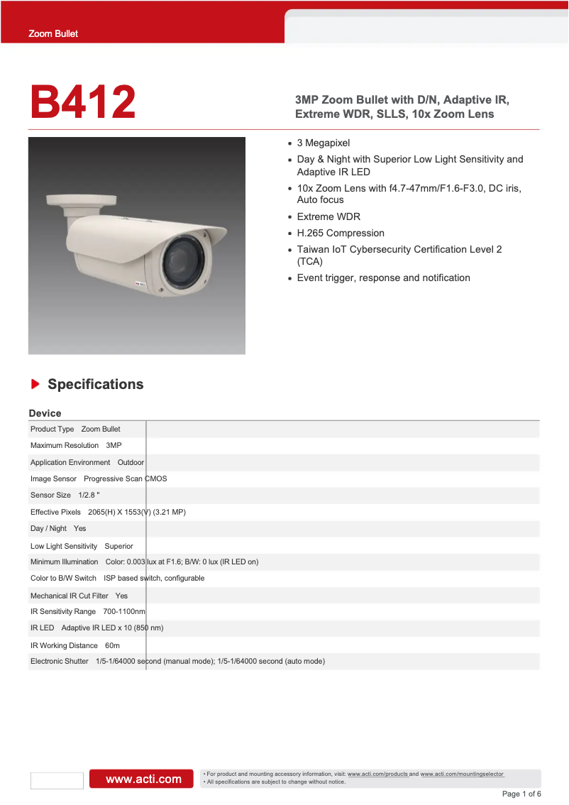Page 1 de la notice Fiche technique ACTi B412