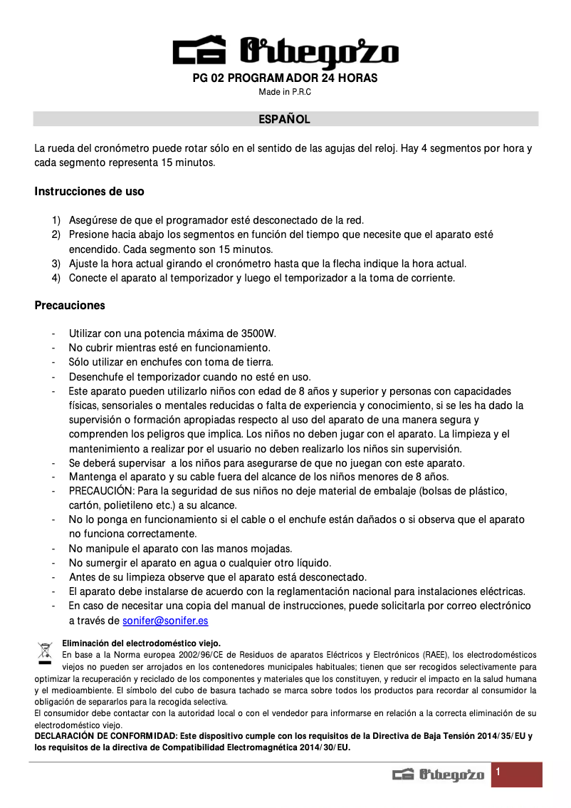 Page 1 de la notice Manuel utilisateur Orbegozo PG 02
