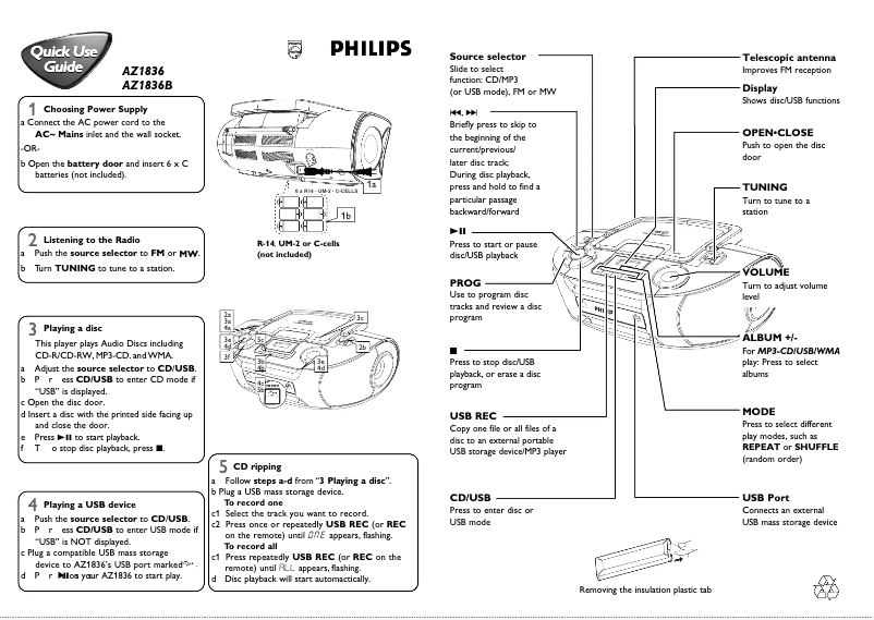 Page n°1 - Guide de démarrage rapide Philips AZ1836B