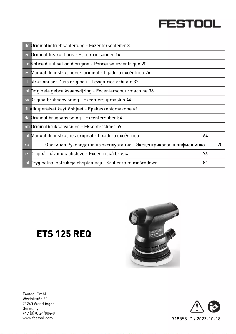 Page 1 de la notice Manuel utilisateur Festool ETS 125 REQ-Plus