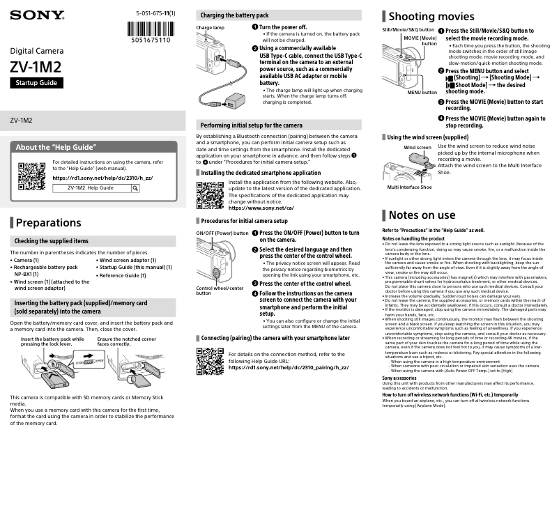 Page 1 de la notice Guide d'installation Sony ZV-1M2