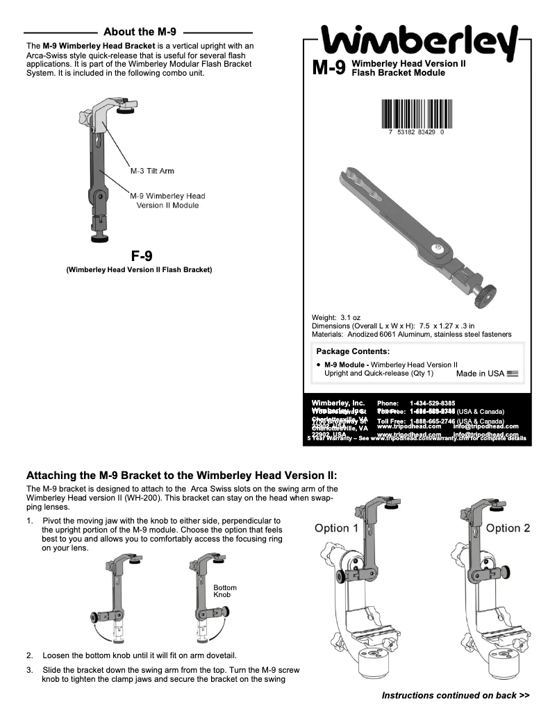 Page 1 de la notice Manuel utilisateur Wimberley M-9