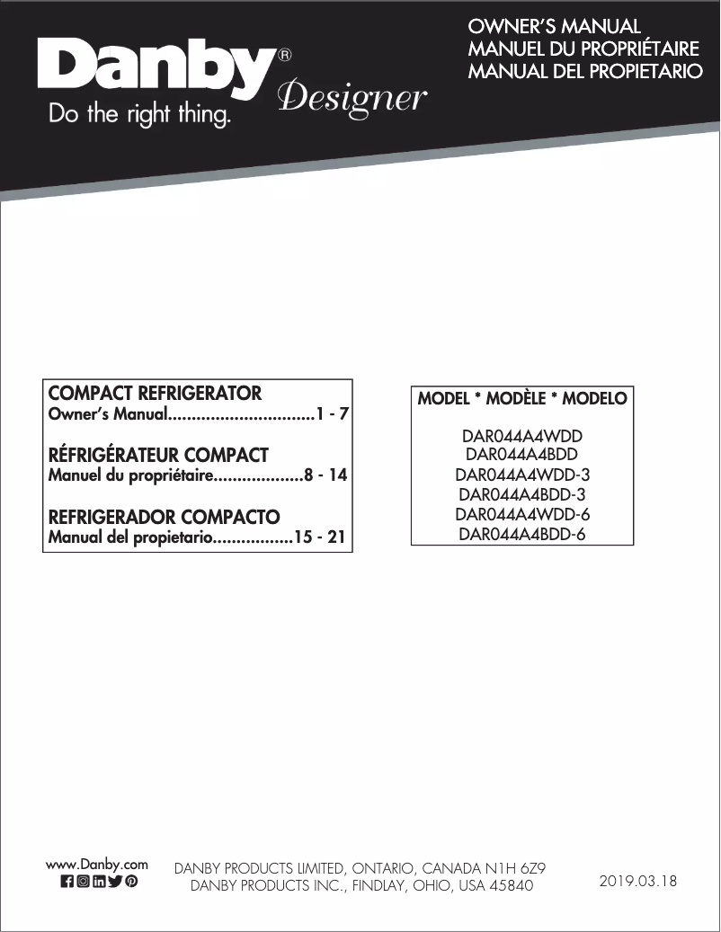Page 1 de la notice Guide d'installation Danby DAR044A4