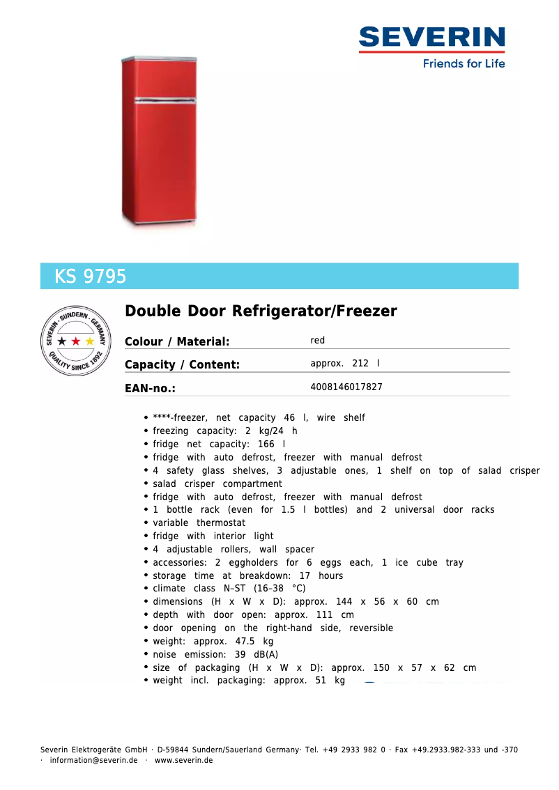 Page 1 de la notice Fiche technique Severin KS 9795