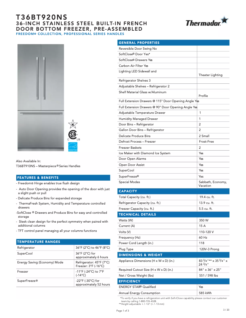 Page 1 de la notice Fiche technique Thermador T36BT920NS