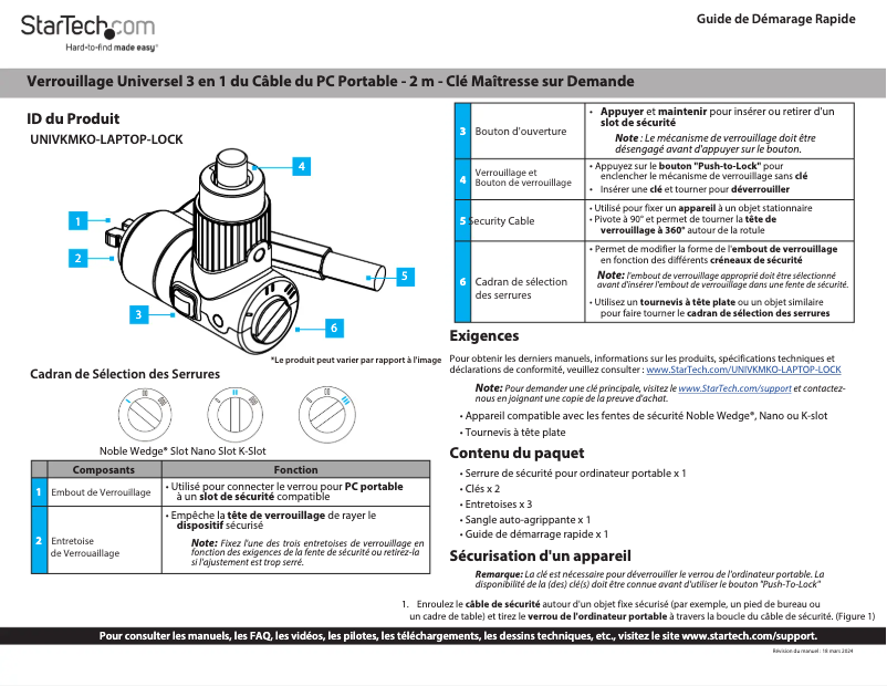 Page 1 de la notice Manuel utilisateur StarTech.com UNIVKMKO-LAPTOP-LOCK