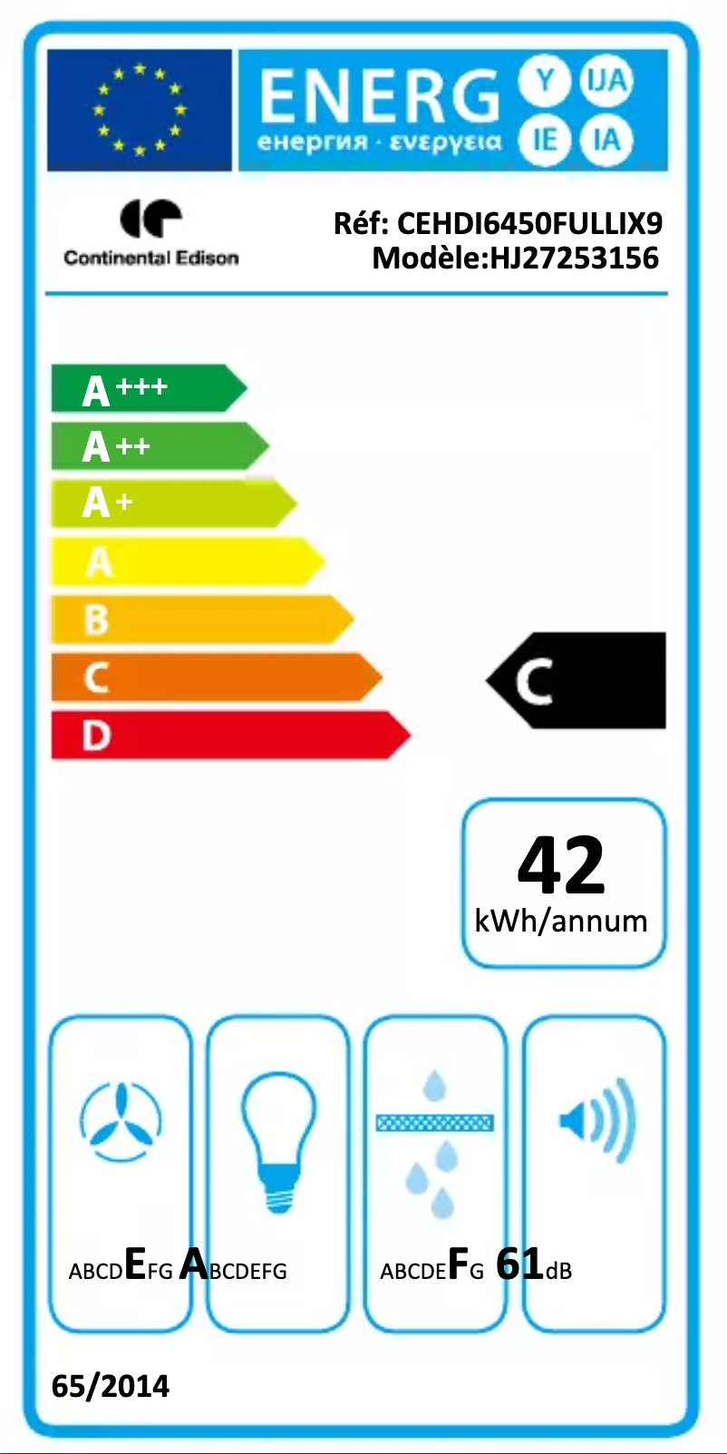 Page 1 de la notice Label énergétique Continental Edison CEHDI9450WB9