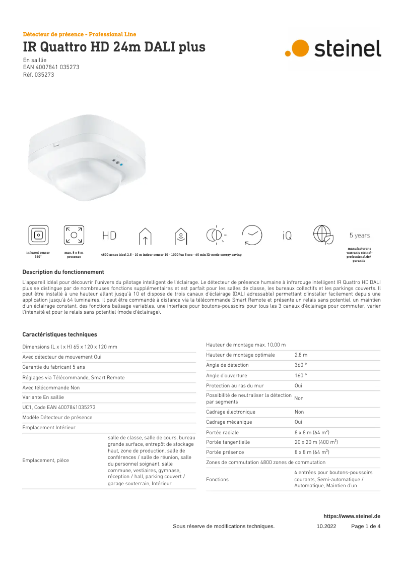 Page 1 of the manual Technical Sheet Steinel IR Quattro HD 24m DALI Plus