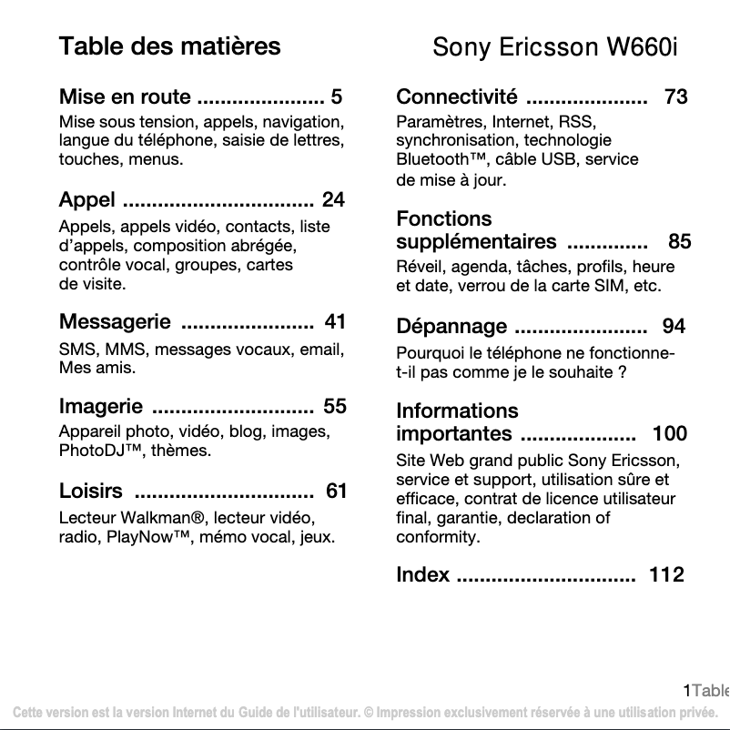 Page 1 de la notice Manuel utilisateur Sony Ericsson W660i