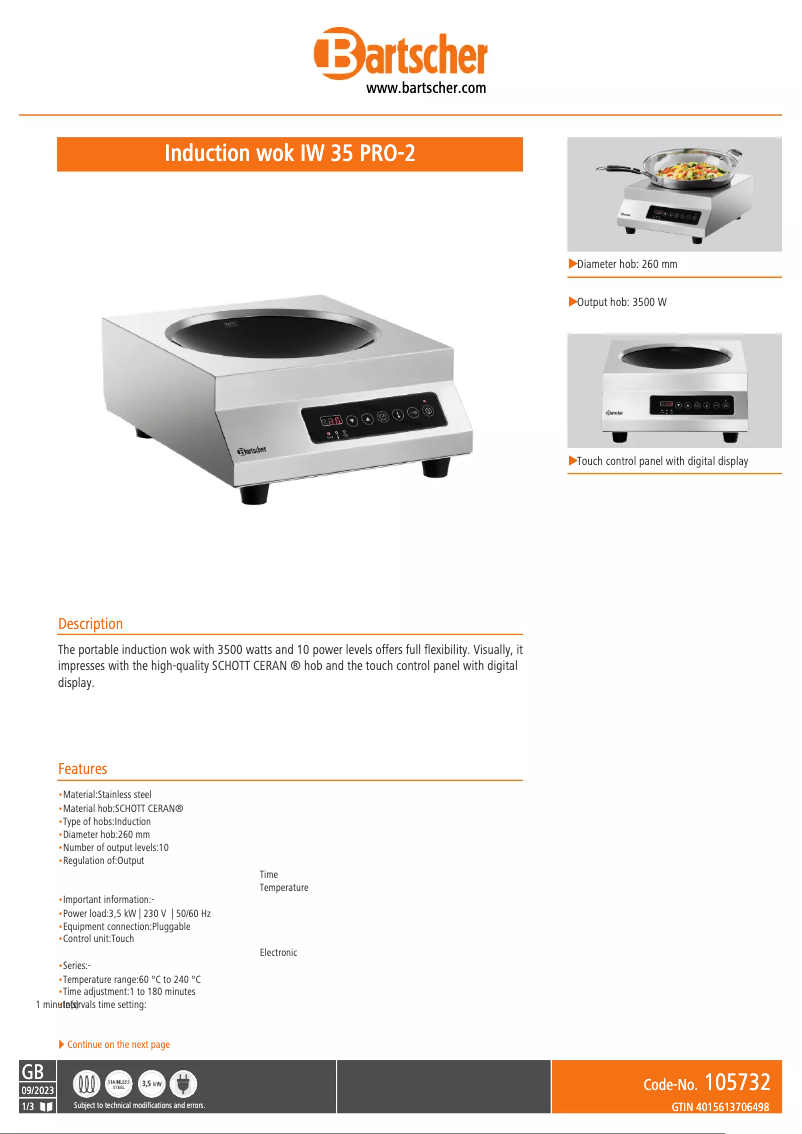 Page 1 de la notice Fiche technique Bartscher IW 35 PRO