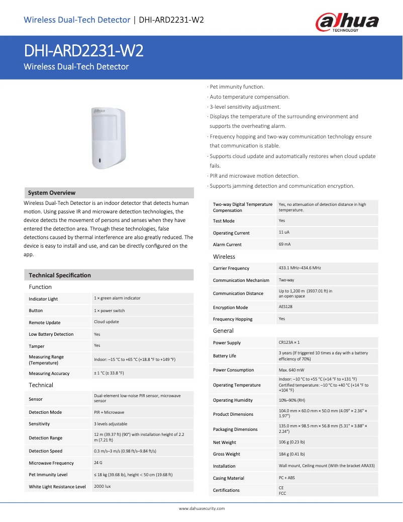 Page 1 de la notice Fiche technique Dahua Technology ARD2231-W2