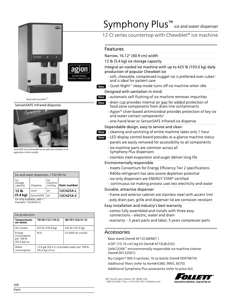 Page 1 of the manual Technical Sheet Follett 12C1425A-L