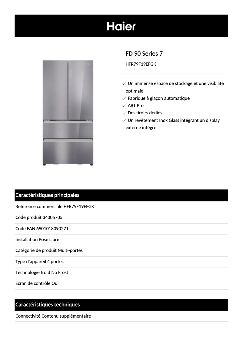 Page 1 de la notice Fiche technique Haier HFR79F19EFGK