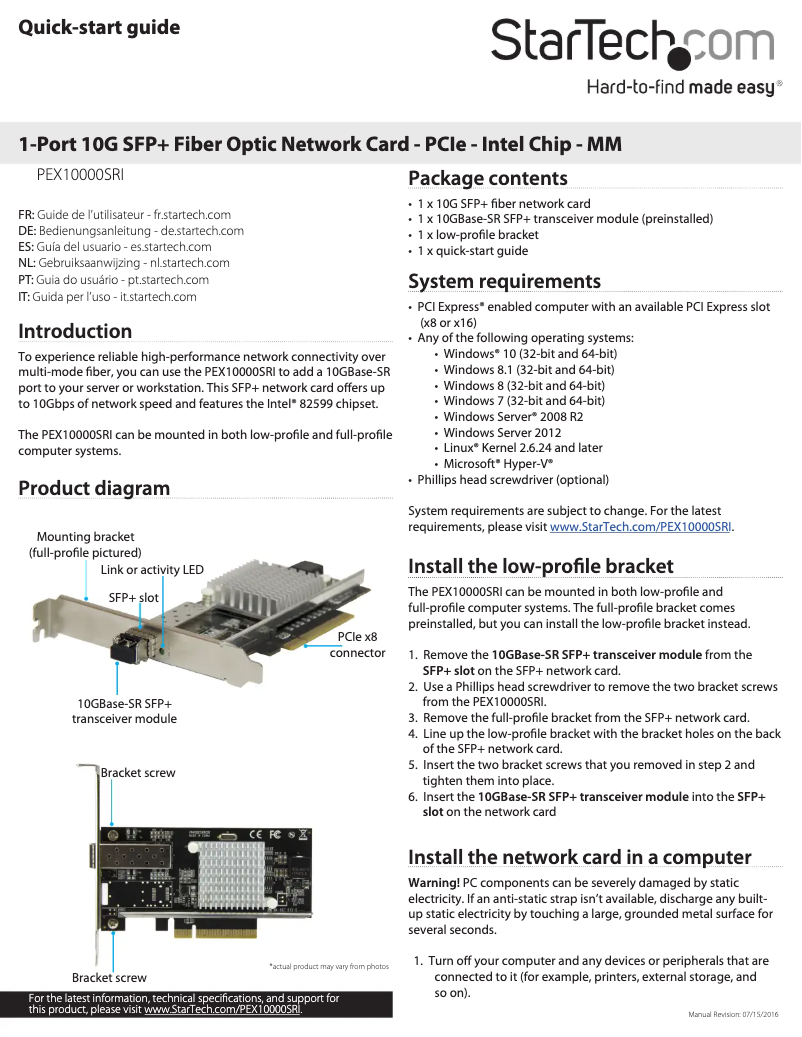Page 1 de la notice Manuel utilisateur StarTech.com PEX10000SRI