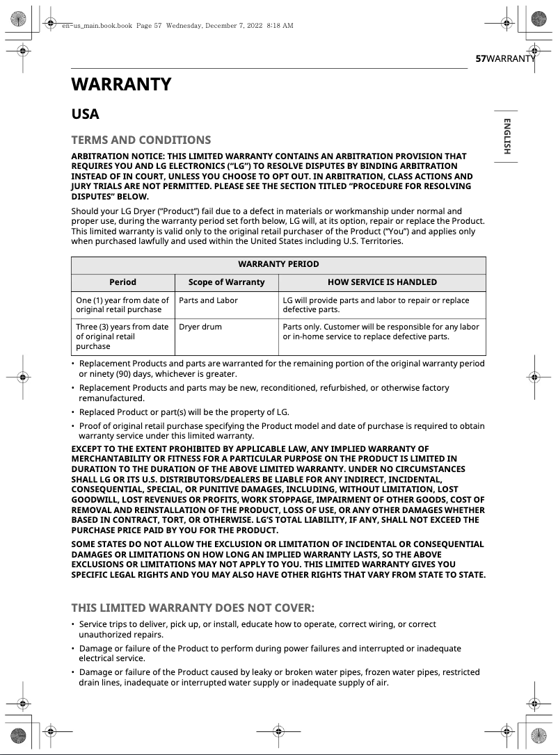 Page 1 de la notice Informations de garantie LG DLGX6501B