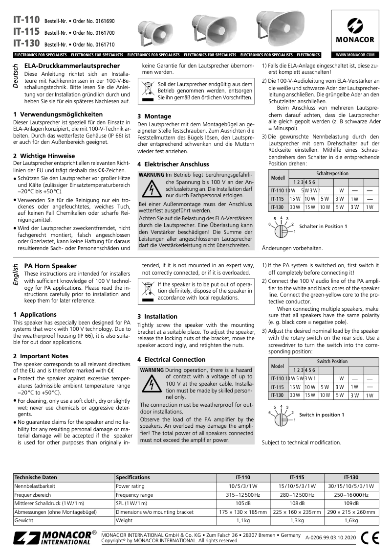 Page 1 de la notice Manuel utilisateur Monacor IT-110