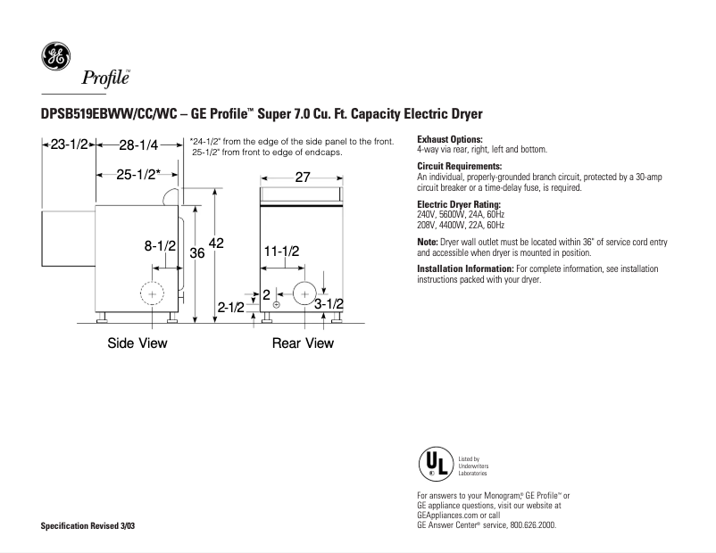 Page 1 of the manual Technical Sheet GE Profile DPSB519EBCC