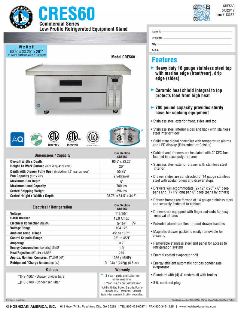 Page 1 de la notice Fiche technique Hoshizaki Commercial CRES60