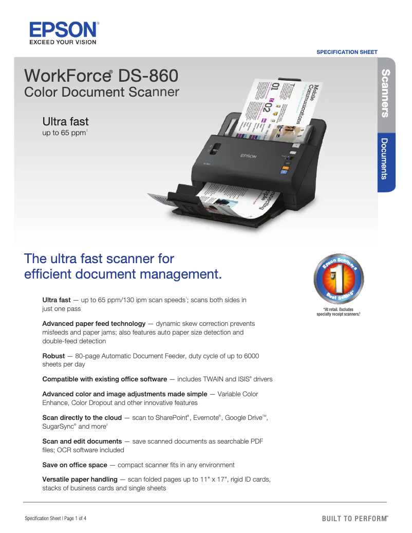 Page 1 de la notice Fiche technique Epson WorkForce DS-860