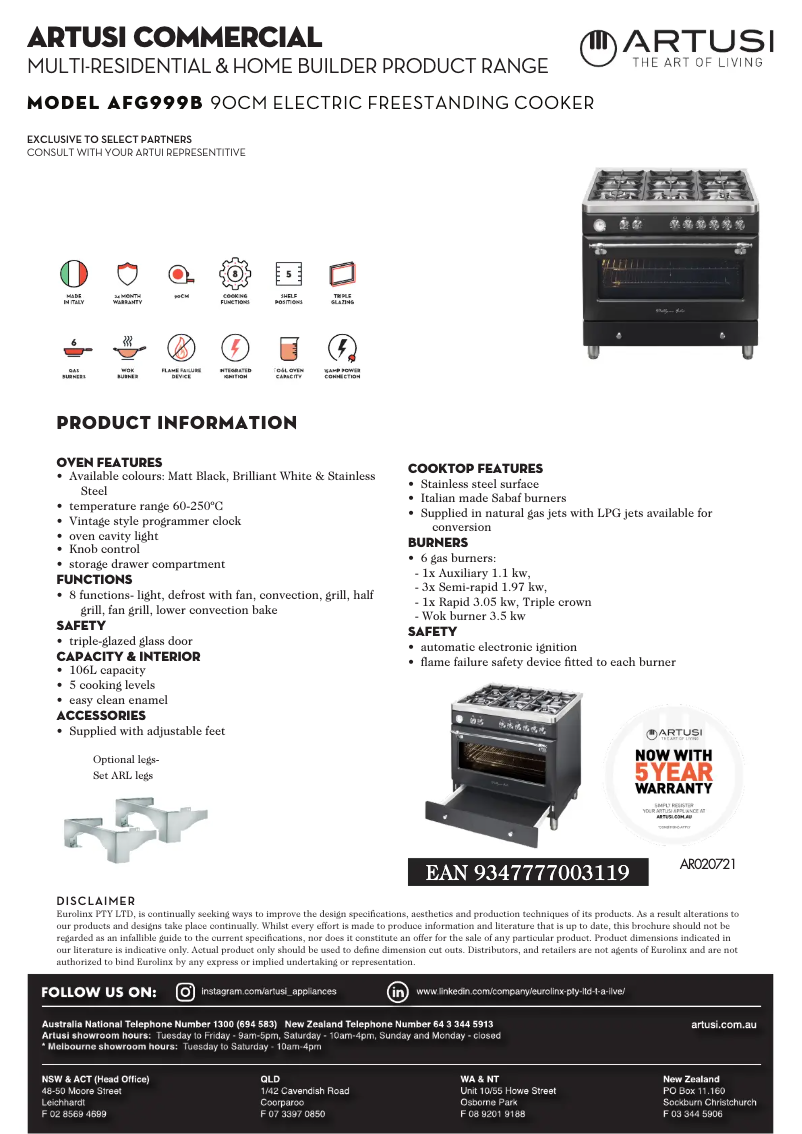 Page 1 de la notice Fiche technique Artusi AFG999B