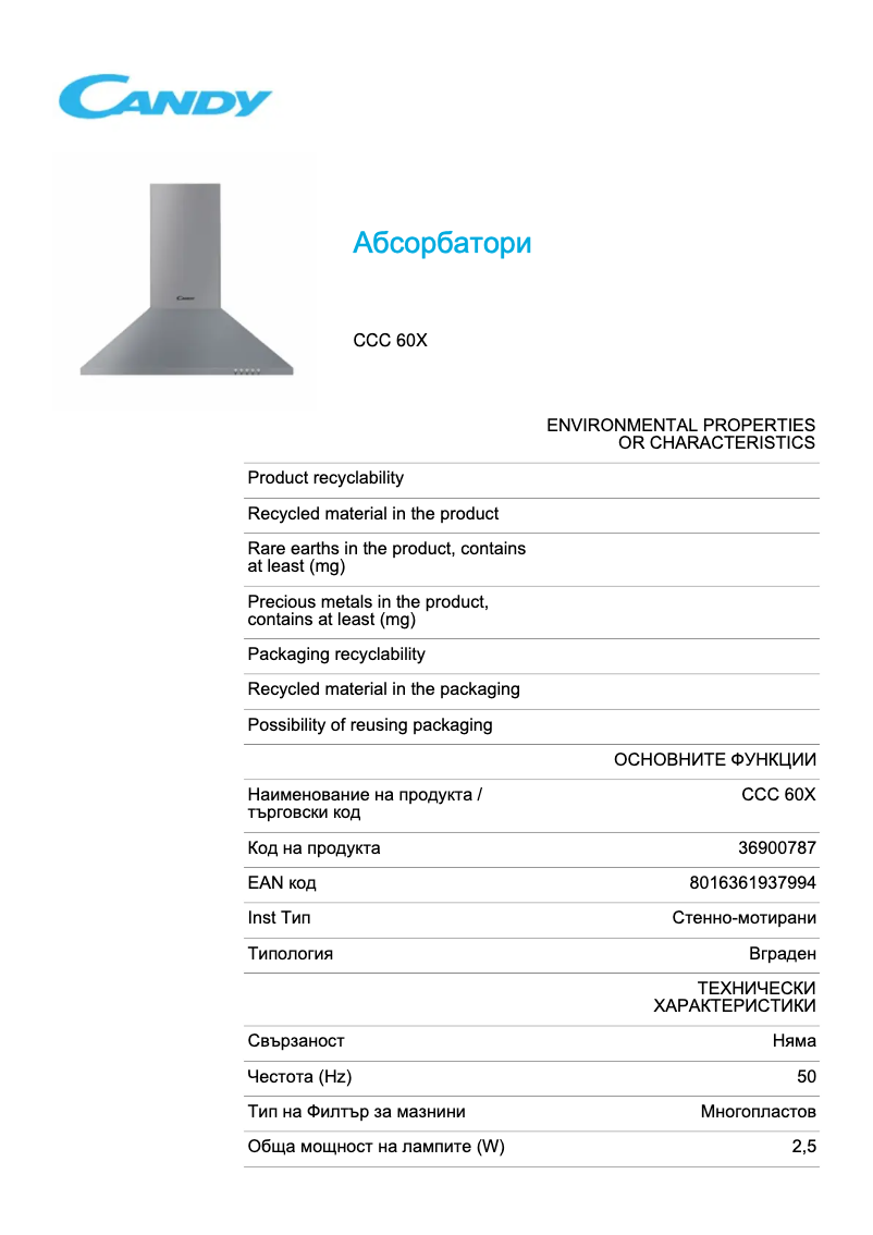 Page 1 of the manual Technical Sheet Candy CCC 60X
