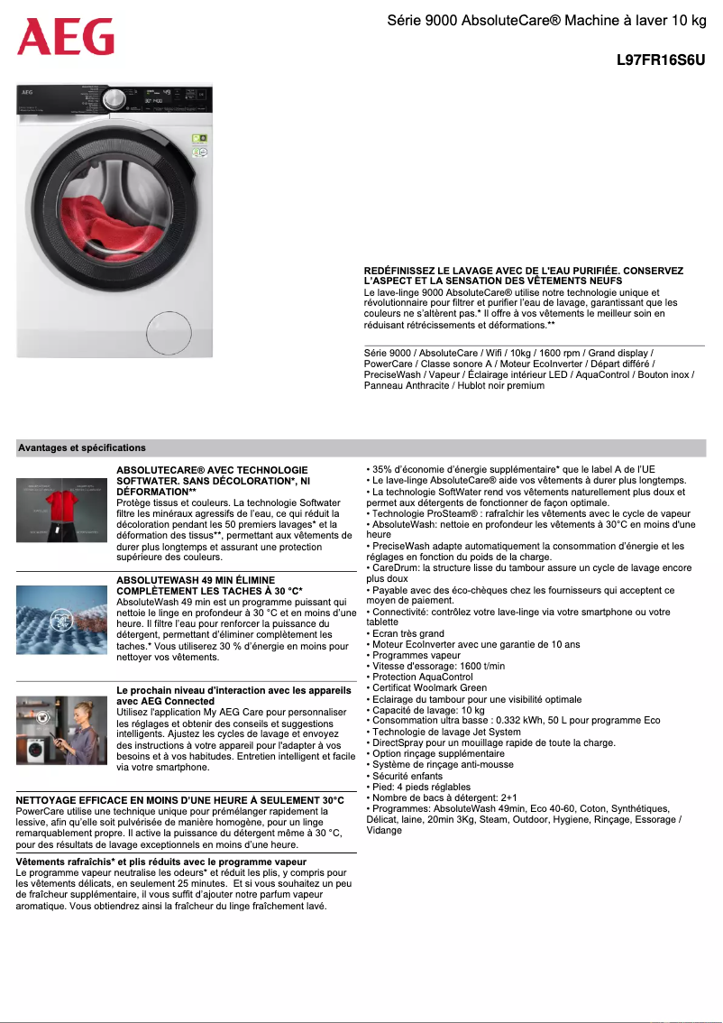 Page 1 de la notice Fiche technique AEG L97FR16S6U
