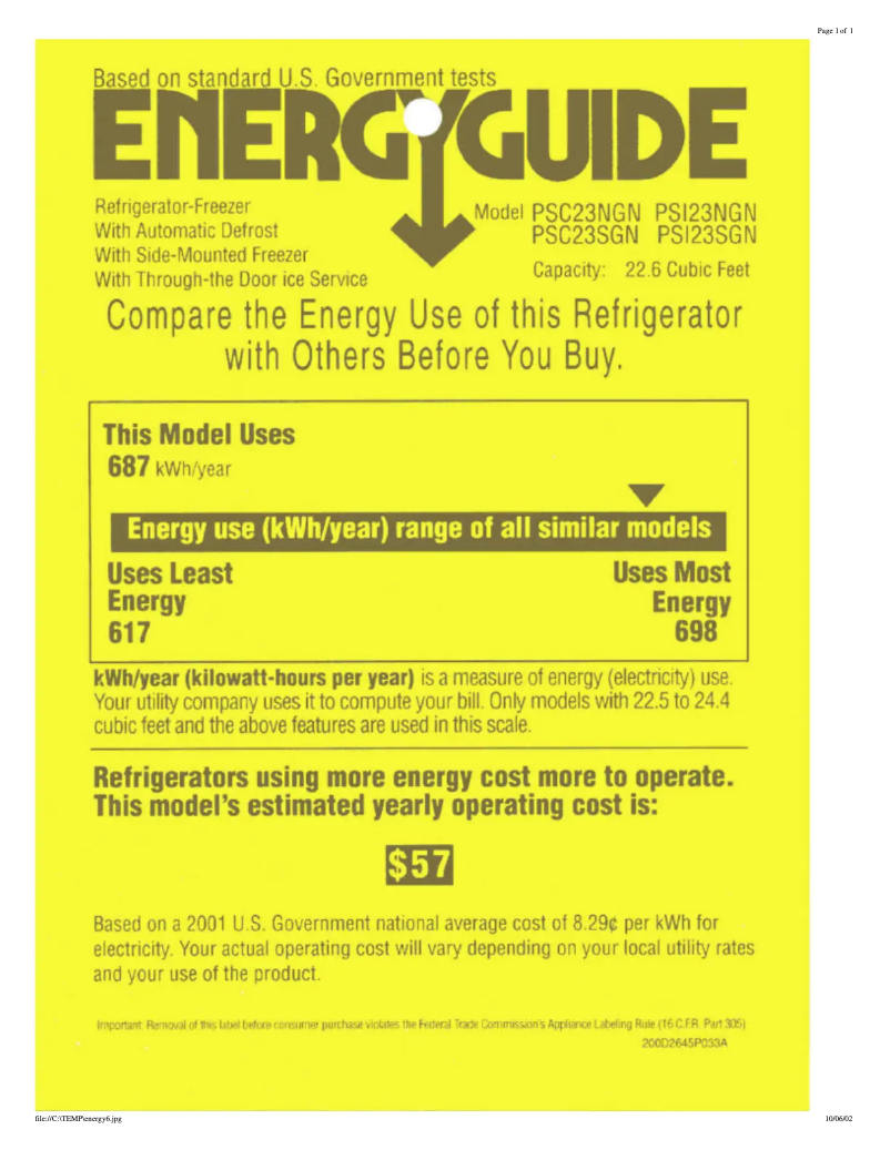 Page n°1 - Label énergétique GE PSC23SGNBS