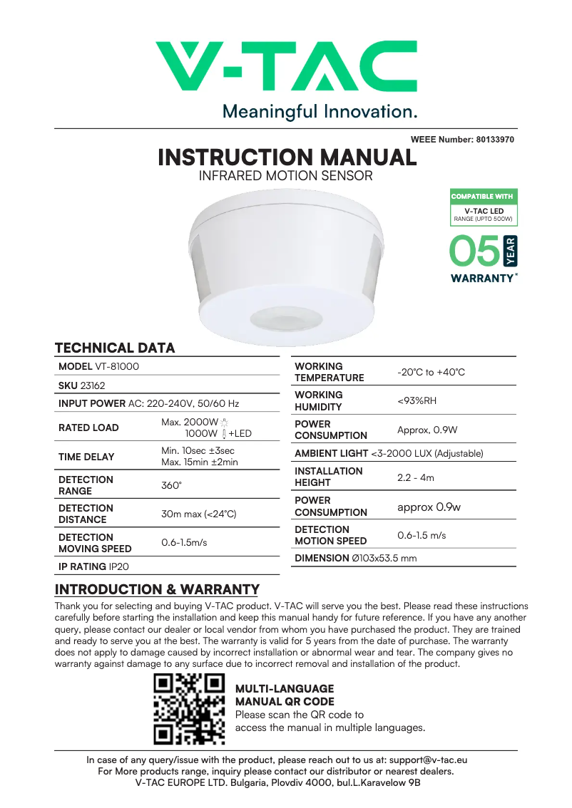 Page 1 de la notice Manuel utilisateur V-TAC VT-81000