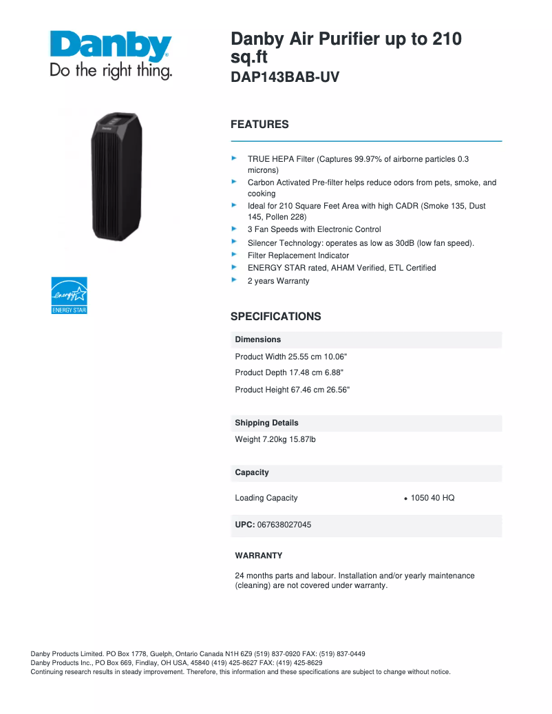 Page 1 de la notice Fiche technique Danby DAP143BAB-UV