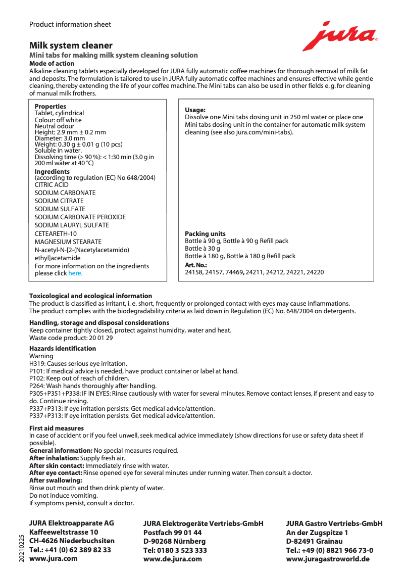 Page 1 de la notice Manuel utilisateur Jura Milk System Cleaner