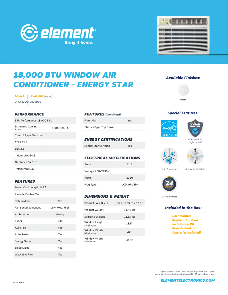 Page 1 de la notice Fiche technique Element EWR18BE