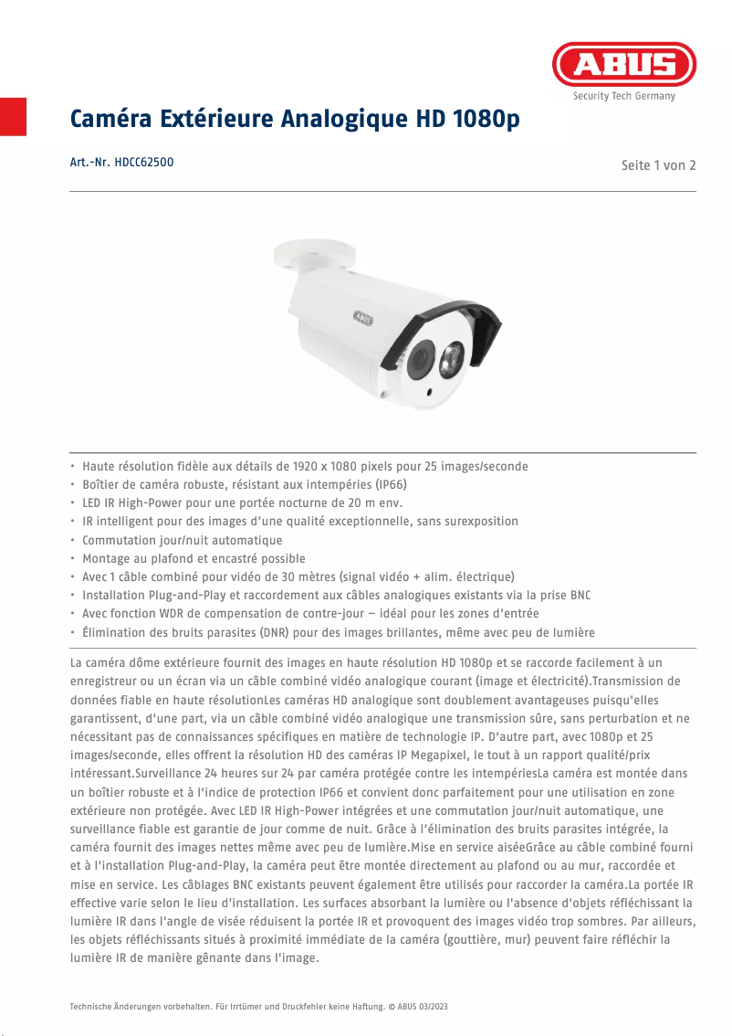 Page 1 de la notice Fiche technique Abus HDCC62500