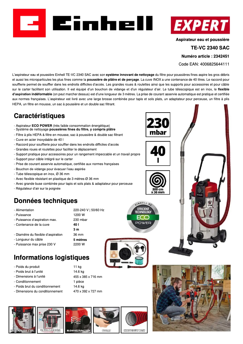 Page 1 de la notice Fiche technique Einhell TE-VC 2340 SAC
