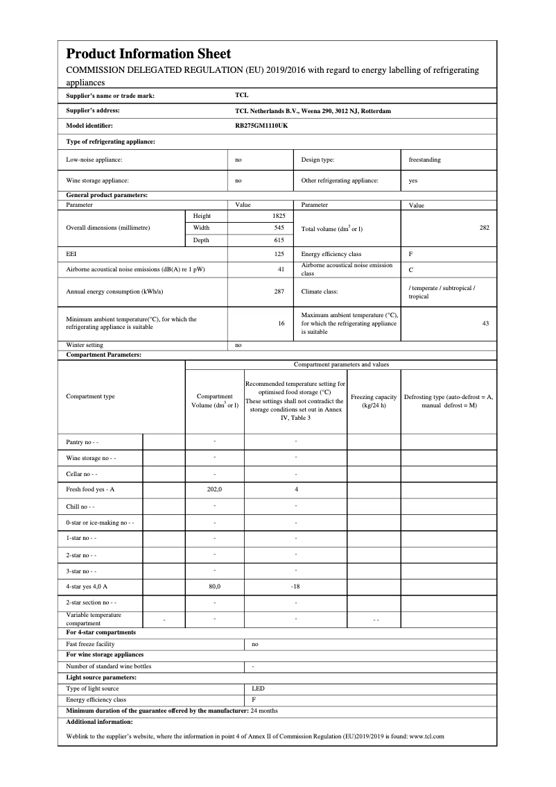Page 1 of the manual Technical Sheet TCL RB275GM1110UK