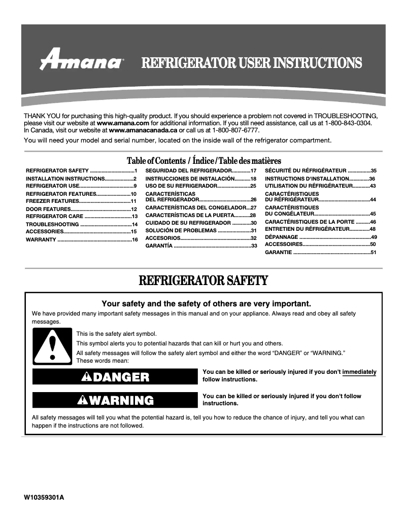Page 1 de la notice Manuel utilisateur Amana A1RXNGFYS