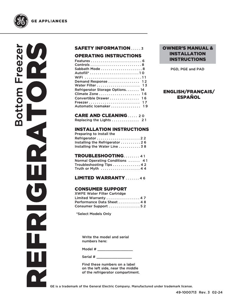 Página 1 del manual Manual de uso y mantenimiento GE PGD29BYTFS
