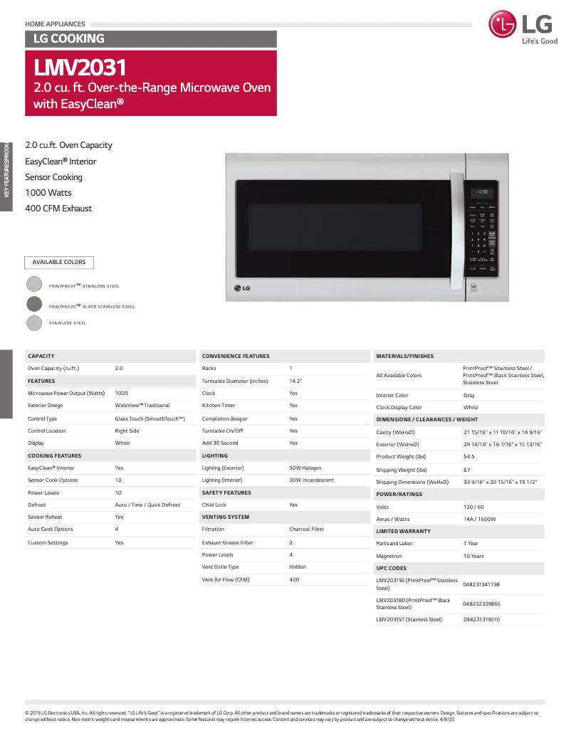Page 1 de la notice Fiche technique LG LMV2031ST