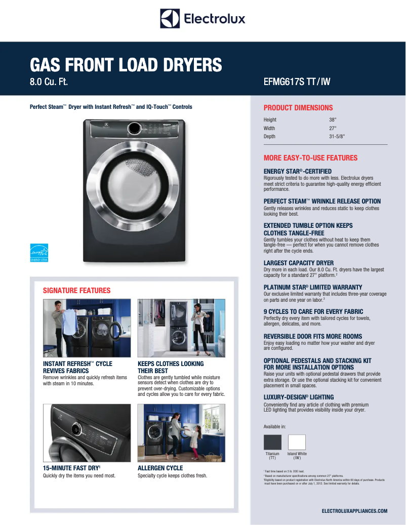 Page 1 de la notice Fiche technique Electrolux EFMG617S