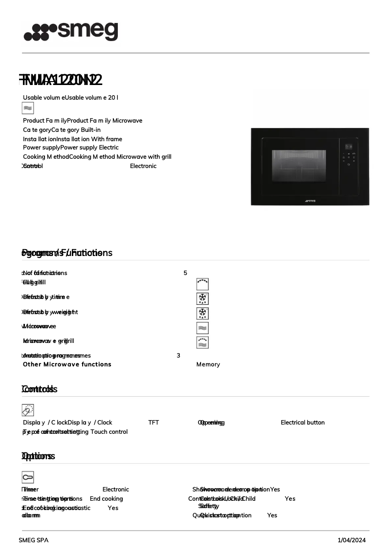 Página 1 del manual Ficha técnica Smeg FMIA120N2