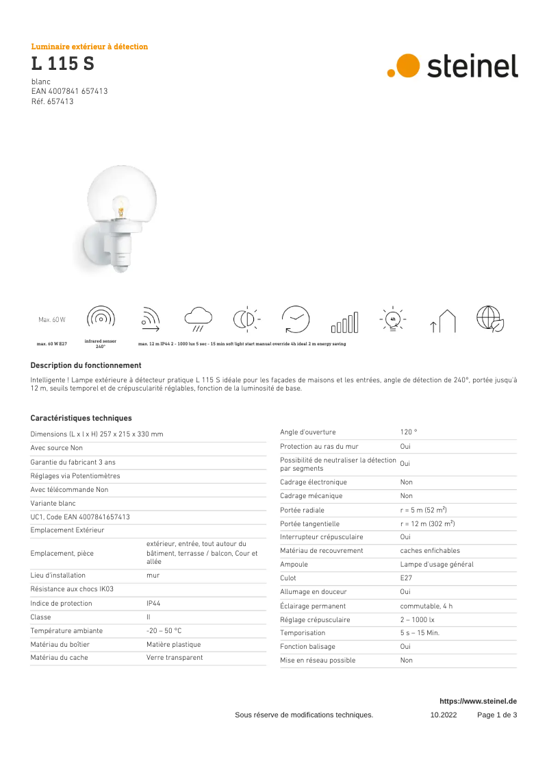 Page 1 de la notice Fiche technique Steinel L 115 S