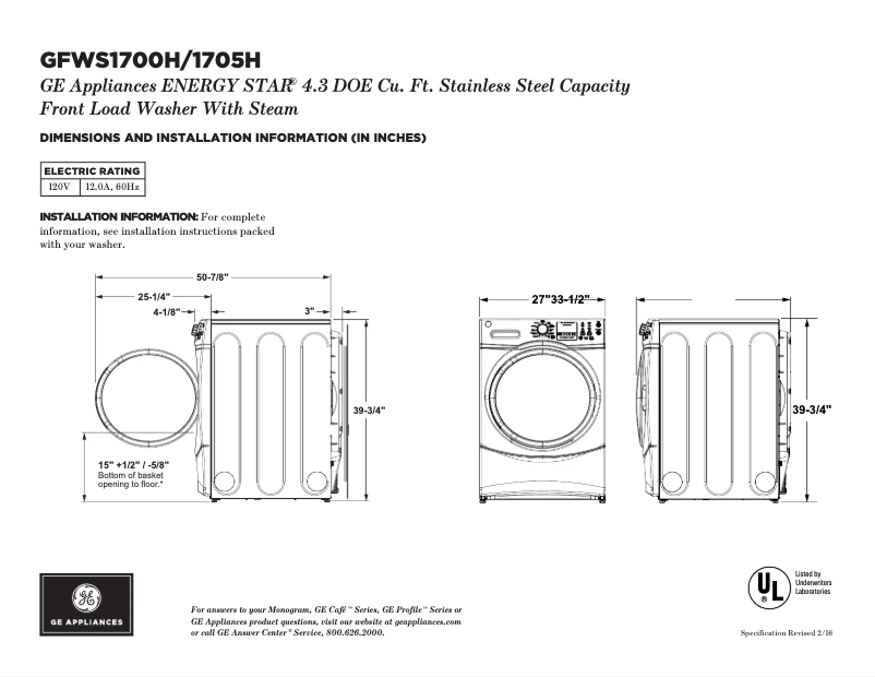 Page 1 of the manual Technical Sheet GE GFWS1700HWW