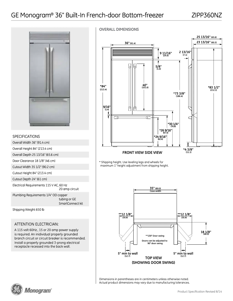 Page n°1 - Fiche technique GE ZIPP360NZ