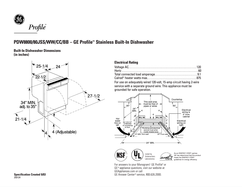 Página 1 del manual Ficha técnica GE Profile PDW8800JWW